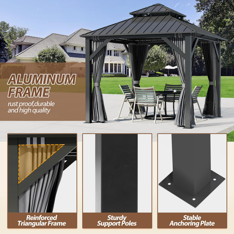 8.5' x 8.5' Hardtop Gazebo, Galvanized Steel Double Roof Gazebo with Nettings and Curtain Outdoor Aluminum Frame Vertical Stripes Roof Gazebos for Patio, Backyard, Lawn