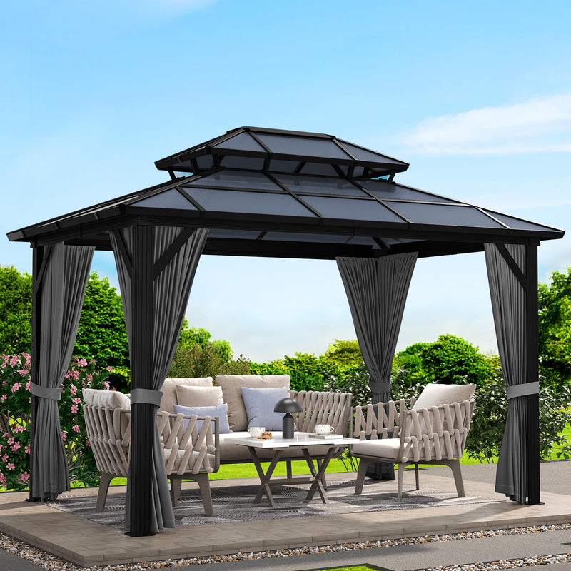 10'x13' Hardtop Gazebo, Outdoor Polycarbonate Double Roof Canopy, Aluminum Frame Permanent Pavilion with Curtains and Netting, Sunshade for Garden, Patio, Lawns (Gray)