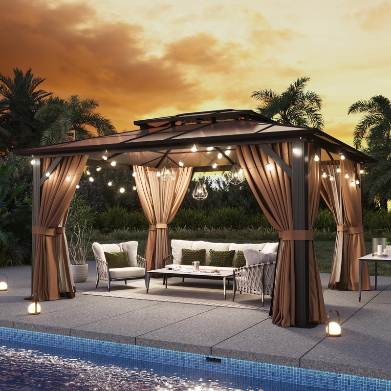 Aoxun 12'x10' Hardtop Gazebo, Aluminum Frame Permanent Pavilion with Curtains and Netting, Outdoor Polycarbonate Double Roof Canopy, Designed for Garden, Lawns, Patio, Brown