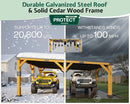 Jocisland 20x20x9.2 FT Cedar Wood Carport with Sloped Galvanized Steel Roof, Heavy Duty Outdoor Shelter for 2 Cars, Trucks, Boats & Tractors, Wind & Snow Resistant Pitch Roof Design