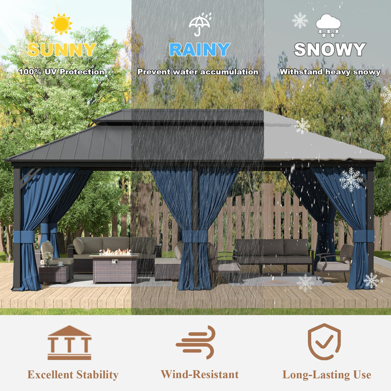 Kurapika 12' x 20' Hardtop Outdoor Metal Gazebo with Galvanized Steel Double Roof Canopy, Curtain and Netting, Aluminum Permanent Pavilion Gazebo, Navy Blue
