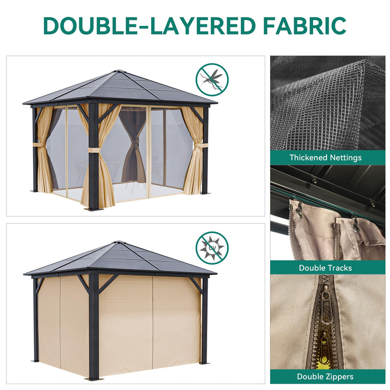 YITAHOME 10x10 Gazebo Polycarbonate Hardtop Outdoor Single Top Canopy with Netting and Shaded Curtains, Aluminum Frame Garden Tent for Patio, Backyard, Deck and Lawns, Brown