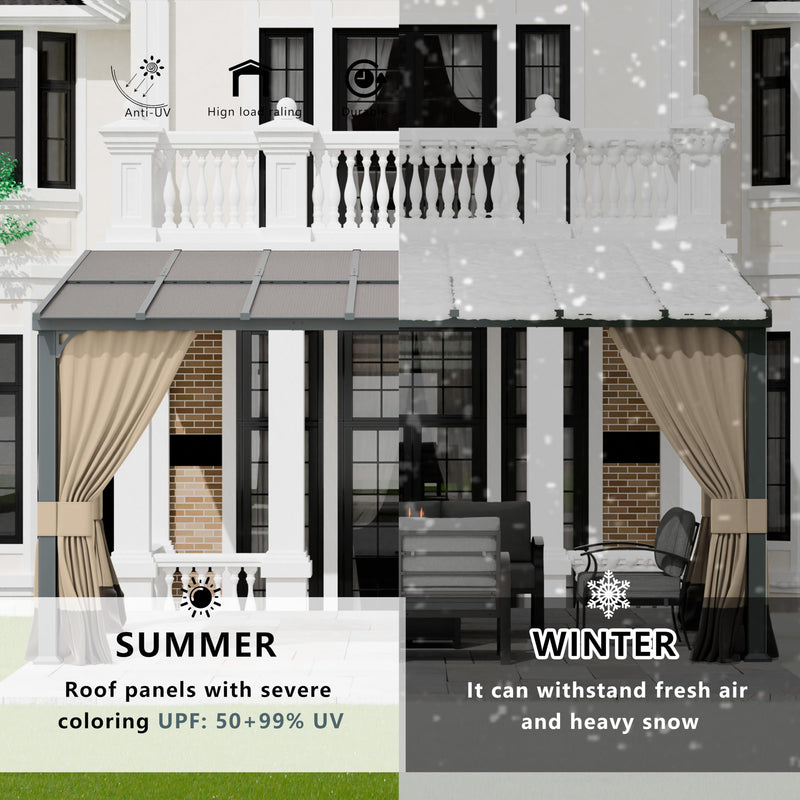 ASJMR 10x14FT Gazebo, Hardtop Wall Mounted Gazebo with Sloping Sun Panel Roof, Awnings for Patio with Metal Frame, Double Curtains for Garden, Lawn, Backyard Deck, Sand