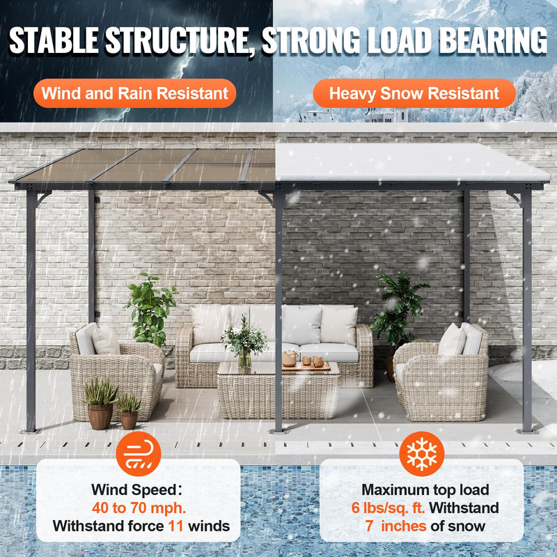 VEVOR Lean to Gazebo for Patio, 10' x 14' Hard Top Gazebo with Aluminum Frame, Wall Mounted & Freestanding Pergola, UV Resistant Polycarbonate Roof, Outdoor Patio Awnings for Deck, Garden and Backyard
