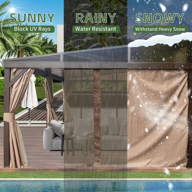 SHPAI 12’ x 20’ Lean to Gazebo, Outdoor Wall Mounted Gazebo Aluminum Frame, Hardtop Pergola with Galvanized Steel Sloping Roof for Patio Deck Garden Backyard, Curtain and Netting Included