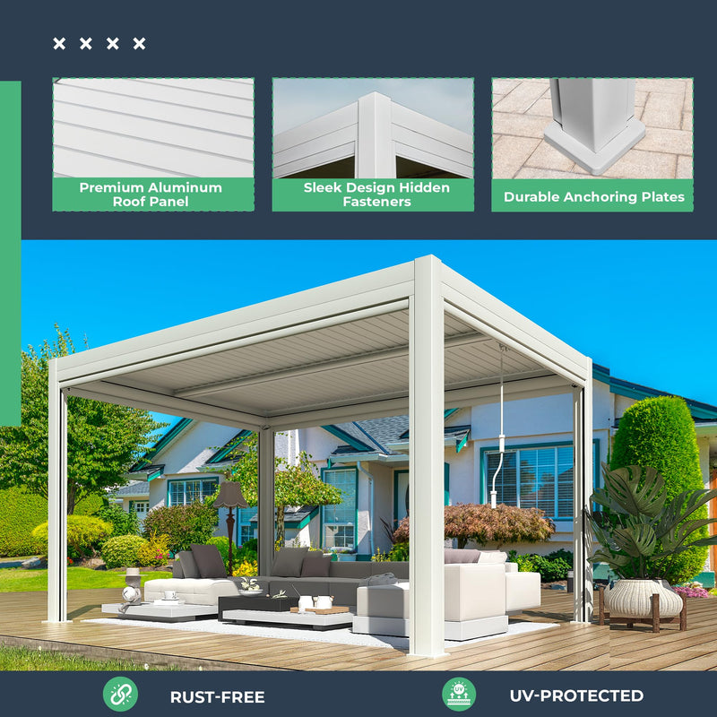 YOLENY Electric Louvered Pergola 10x13, Solar and Electric Powered, Integrated LED and 4 Side Screens, Full Aluminum Frame and Louvers, Adjustable Rainproof Roof for Outdoor Living, White