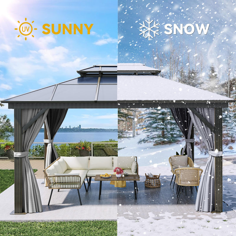 YITAHOME 10x13FT Gazebo Polycarbonate Hardtop Double Roof Canopy Outdoor with Netting and Shaded Curtains, Aluminum Frame Garden Tent for Patio, Backyard, Deck and Lawns, Grey