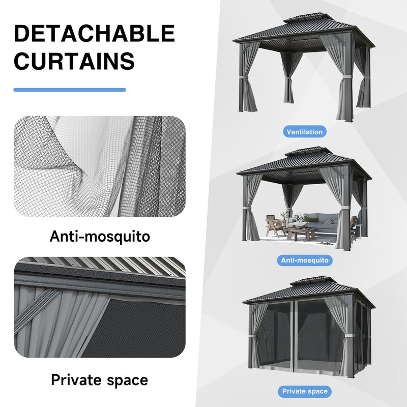 Airwire 10x12 FT Gazebo Hardtop Gazebo Aluminum Pergola with Aluminum Frame, Double Galvanized Steel Roof, Curtains and Netting Included Outdoor Gazebos Canopy for Patio, Backyard, Deck, Lawn,Grey