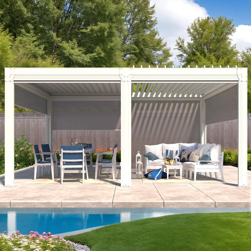 YOLENY Louvered Pergola and 6 Pull-Down Screens, 12x16FT All Aluminum Pergola with Adjustable Rainproof Roof, Outdoor Sun Shade Shelter for Patio, Weatherproof, White