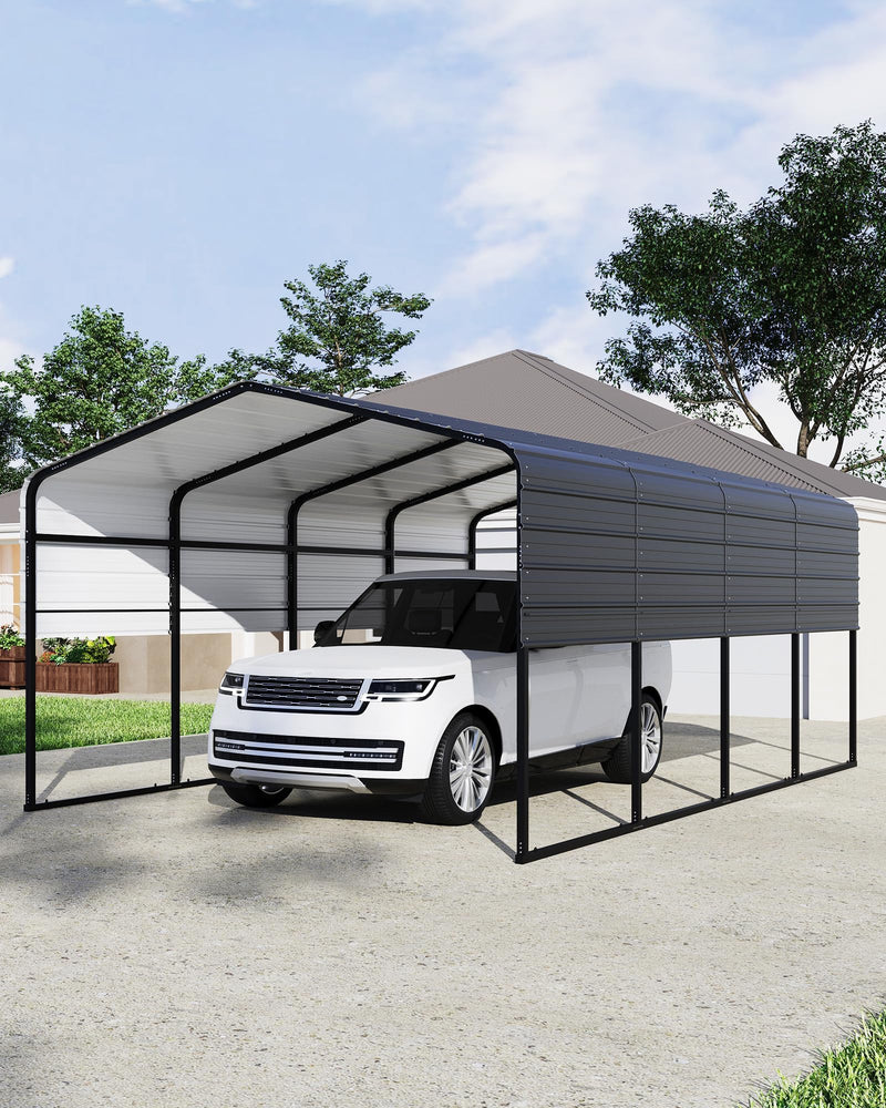 KOKEBREN Metal Carport, Outdoor Car Port Canopy with Reinforced Base and Galvanized Steel Roof, Heavy Duty Garage Car Shelter Shade for SUV, Truck, Boats, 13x20 FT