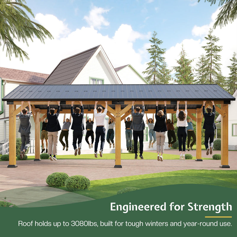 Jocisland 12x24x9.5 FT Cedar Wood Hardtop Carport with Steel Roof, Waterproof Outdoor Gazebo Pavilion, Heavy-Duty Snow & Wind Resistant Canopy for Patio, Driveway, Garden