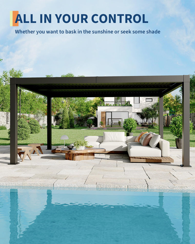 Garveelife All-Aluminum Louvered Pergola 12' x 16', Outdoor Pergola with Adjustable Louvered Roof, Reinforced Aluminum Frame, Integrated Drainage System, Hardtop Gazebo for Patio, Deck, Gray