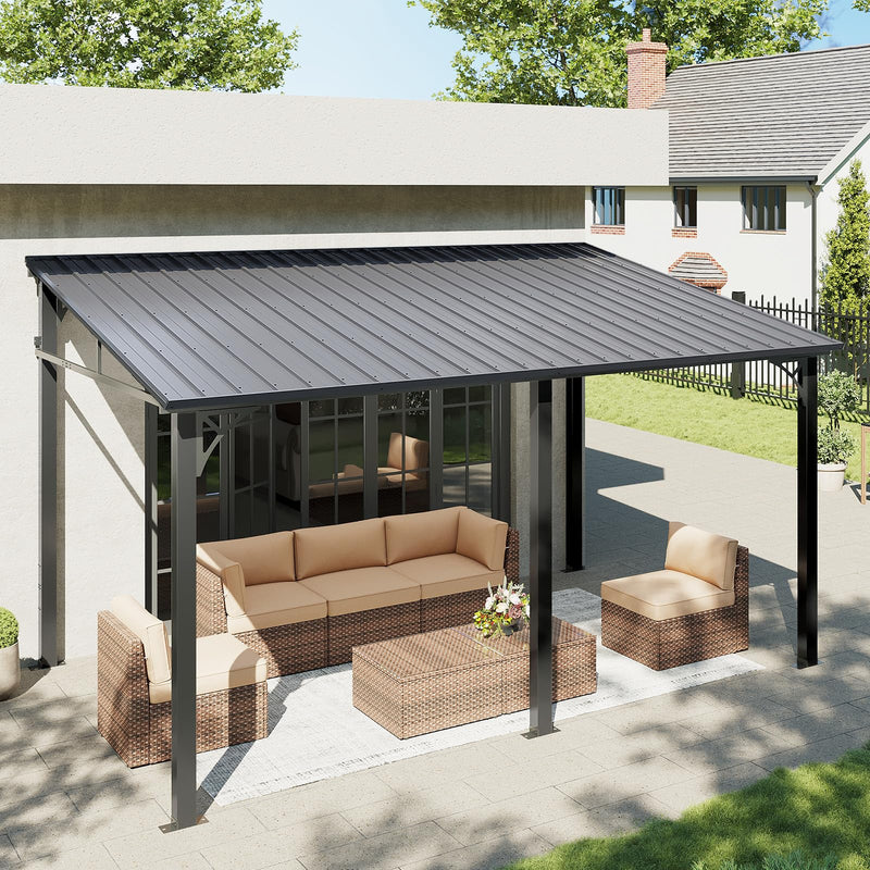Aoxun 10' x 14' Lean to Gazebo, Upgraded Hardtop Outdoor Pergola with Sloping Galvanized Steel Roof, Large Wall-Mounted Heavy Duty Awnings for Patio, Backyard, Deck, Porch (Black)