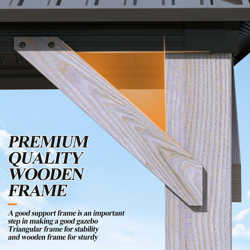 GARTOO 12' x 16' Outdoor Wood Gazebo - Permanent Wooden Hardtop Gazebo Pavilion with Double Curtains, Galvanized Steel Roof Cedar Wood Gazebos for Garden, Lawn, Poolside, Backyard Deck