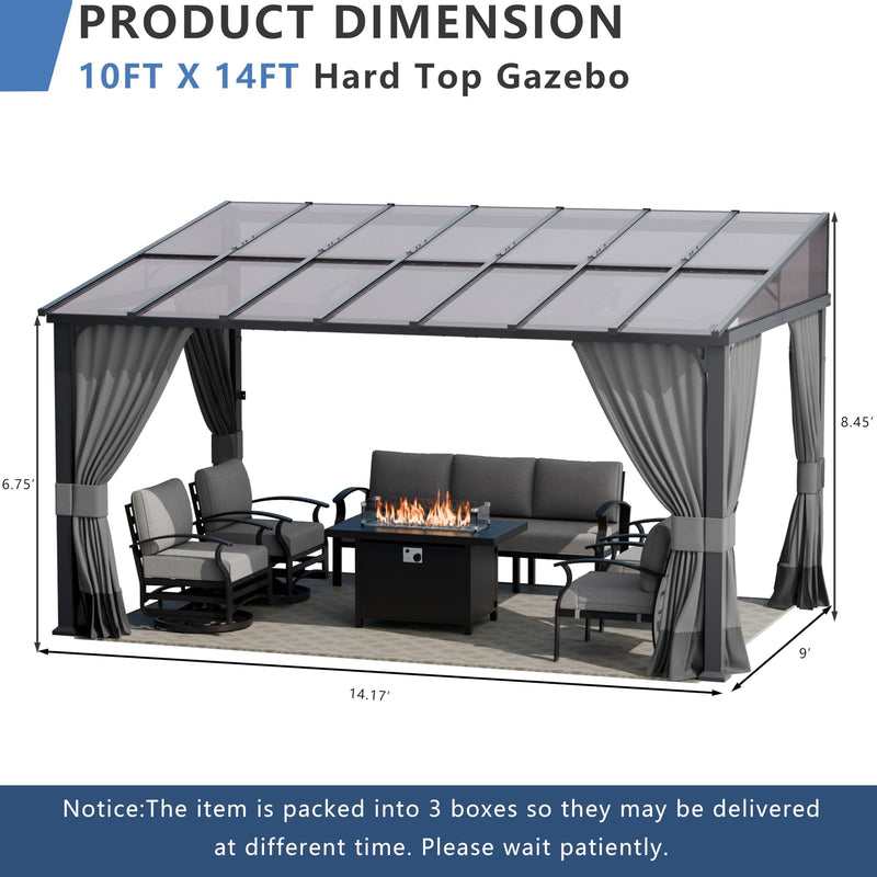 ALAULM 10'x 14' Outdoor Hardtop Pergola,Wall Mounted Lean to Gazebo with Curtains and Netting,Galvanized Metal Frame,Sunshade for Patio, Backyard, Deck and Lawns-Gray