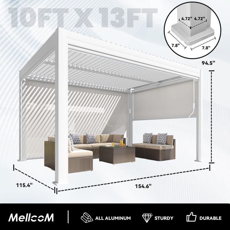 MELLCOM Motorized Louvered Pergola 10x13, Solar and Electric Powered with LED and 4 Side Screens, Aluminum Adjustable Louvered Roof for Outdoor Shelter, Weatherproof, White