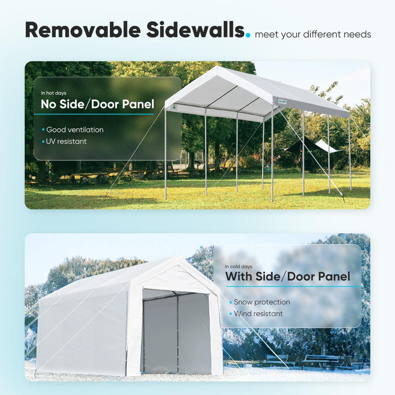 ADVANCE OUTDOOR 12x20 ft Heavy Duty Carport Garage Shelter, Adjustable Height (6.5-11ft) Waterproof Canopy with Removable Sidewalls for Cars, RV, Boat, Truck, Party - White