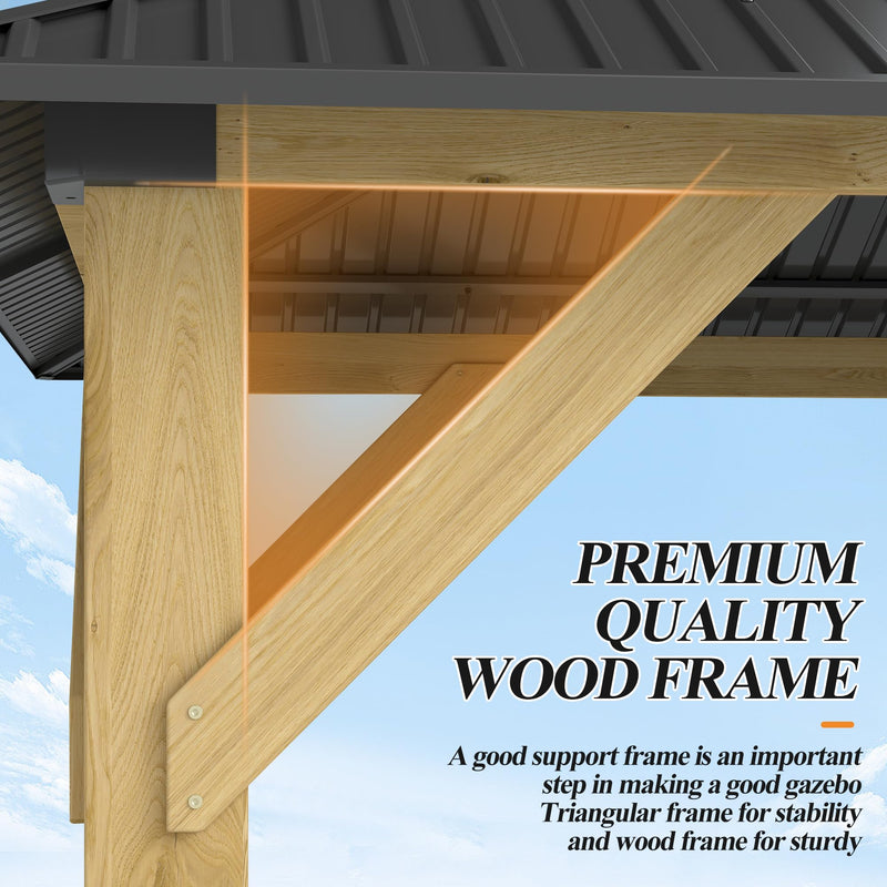 GARTOO 10’x 12’ Outdoor Wood Gazebo - Patio Hardtop Gazebo Permanent Wooden Pavilion with Galvanized Steel Double Roof, Cedar Wooden Gazebos for Garden, Lawn, Poolside, Backyard Deck