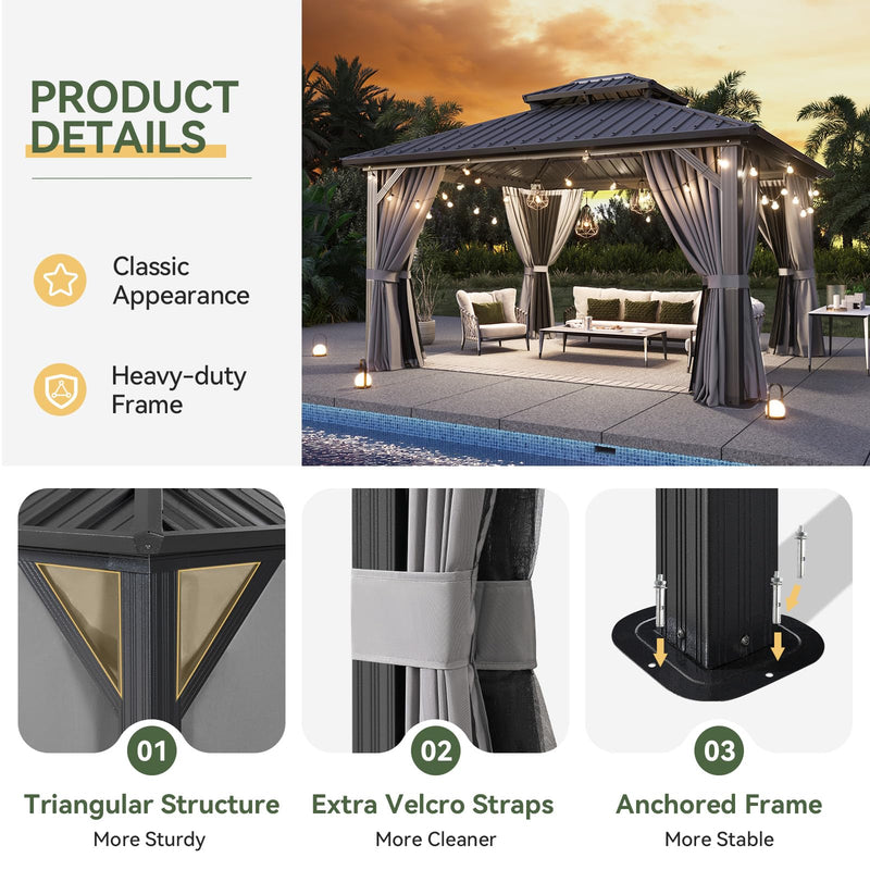 Aoxun 12'x14' Hardtop Gazebo, Aluminum Frame Canopy with Double Galvanized Steel Roof, Outdoor Metal Pavilion with Netting, Curtains for Backyard, Patio and Deck