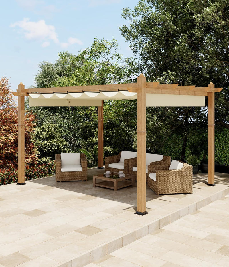 IDEALHOUSE Patio Pergola, Outdoor Patio Gazebo with Retractable Sun Shade, Metal Pergola Shelter for Backyard Deck Garden (Wood-Grain, 10 x 13 FT)