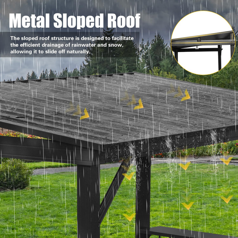 Domi 6.5x12FT Hardtop Grill Gazebo, Outdoor BBQ Gazebo with Galvanized Steel Sloping Roof, Metal Permanent Sun Shade Grill Canopy Shelter with 2 Side Shelves and Ceiling Hooks for Patio Yard, Gray