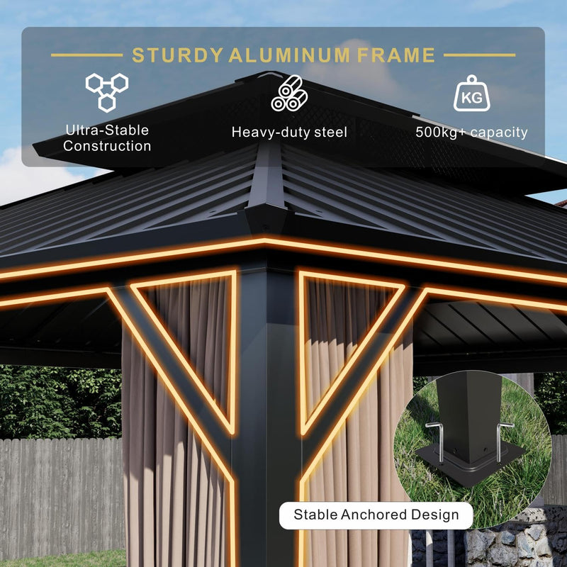 SOLUMIA 10’x12’ Hardtop Gazebo, Galvanized Steel Double Roof Canopy with Aluminum Frame, Outdoor Pavilion with Nettings and Curtains