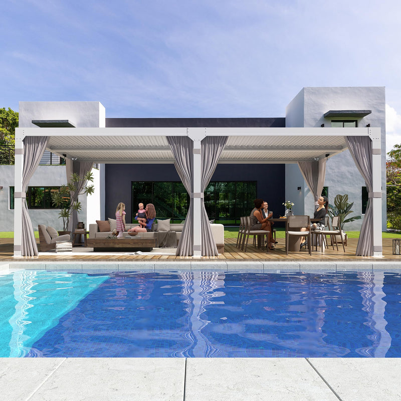 YOLENY Louvered Pergola 10x20, Aluminum Gazebo with Adjustable Waterproof Roof, Curtains and Netting Included, Deck and Backyard, White