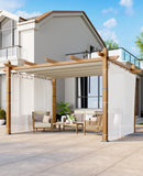 10x13 Ft Outdoor Aluminum Pergola, Upgraded Faux Wood Grain Retractable Pergola with Adjustable Roof & Side Mesh Screen, Modern Metal Patio Gazebo for Deck, Backyard, Porch, Vineyards, Beige + White