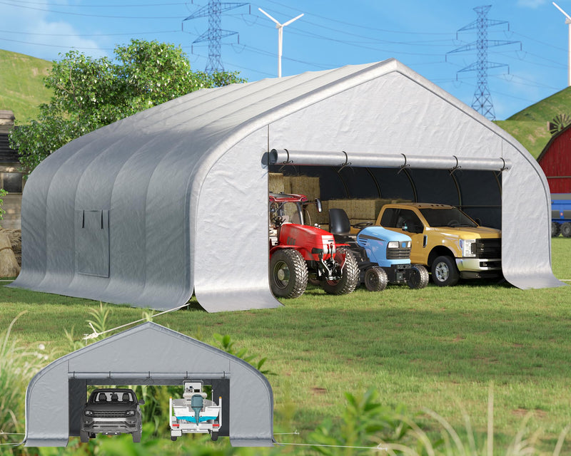 AMERLIFE 22.5 x 20FT Heavy Duty Double Carport, Galvanized Steel Frame Garage Shelter,Outdoor Storage, Waterproof 3-Layer PE Cover, Fits 2 Cars, Boat, Farm Equipment, Silver Gray