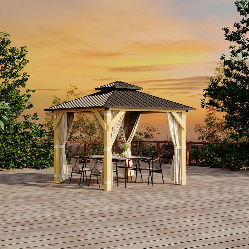 HarmonyHealth 10 x 10 Ft Wood Gazebo, Upgrade Wooden Frame, Double Galvanized Steel Roof, Hardtop Gazebo With Nettings And Curtains For Backyard, Patio, Garden And Lawn,Khaki