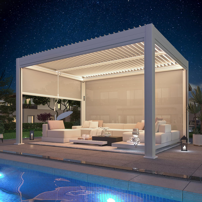 YOLENY Electric Louvered Pergola 10x13, Solar and Electric Powered, Integrated LED and 4 Side Screens, Full Aluminum Frame and Louvers, Adjustable Rainproof Roof for Outdoor Living, White
