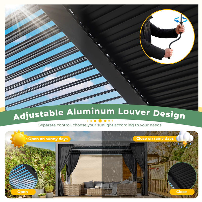 LVUYOYO 10' x 13' Outdoor Louvered Pergola, Metal Aluminum Pergola with Adjustable Roof, Waterproof Gazebo with Curtains and Netting for Patio, Backyard, Garden, Deck (Black)