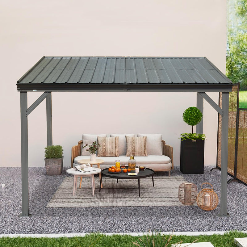 Domi 8' x10' Lean to Gazebo with Upgraded Drainage System, Wall Mounted Gazebo Hardtop Galvanized Steel Sloping Roof for Patio Deck Backyard Lawn Party（Gray）