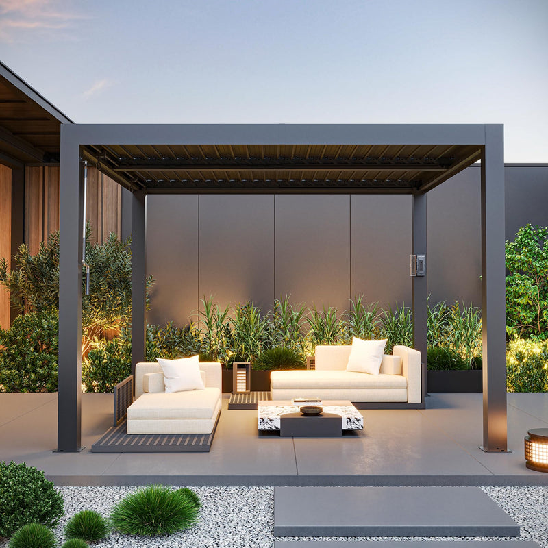 Modern Shade Aurora Louvered Pergola 10'x10' with USB Charging Port Deck, Outdoor Pergola with Adjustable Waterproof Roof & Integrated Drainage, Reinforced Frame for Patio Deck, Easy Assembly, Black