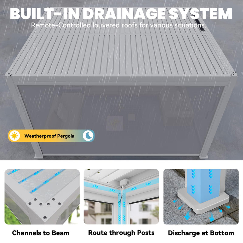 MELLCOM Motorized Louvered Pergola 10x13, Solar and Electric Powered with LED and 4 Side Screens, Aluminum Adjustable Louvered Roof for Outdoor Shelter, Weatherproof, White
