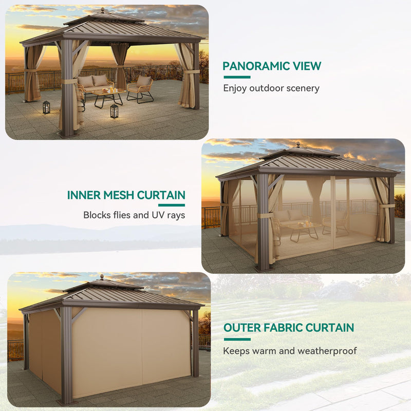 YITAHOME Gazebo 12x12ft Hardtop Heavy Duty Double Roof Outdoor Upgraded Galvanized w/Nettings Curtains Steel Combined of Horizontal Vertical Stripes Roof for Patio, Backyard, Deck, Lawn, Bronze