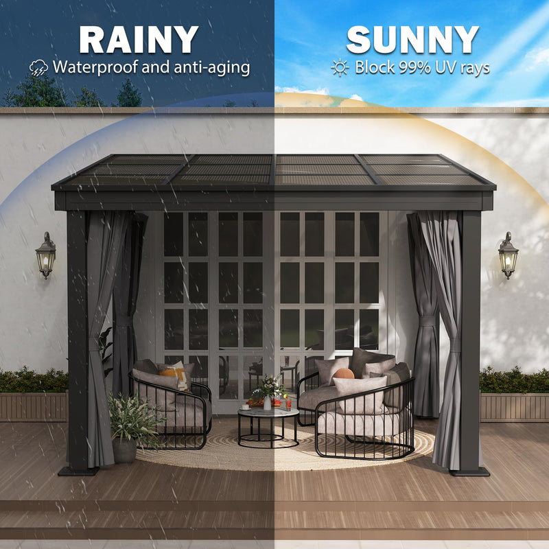 Raysfung 10' x 10' Wall Mounted Gazebo, Lean to Gazebo with Aluminum Frame, Polycarbonate Hardtop Gazebos Pergola with Sloping Roof for Outdoor, Backyard, Patio
