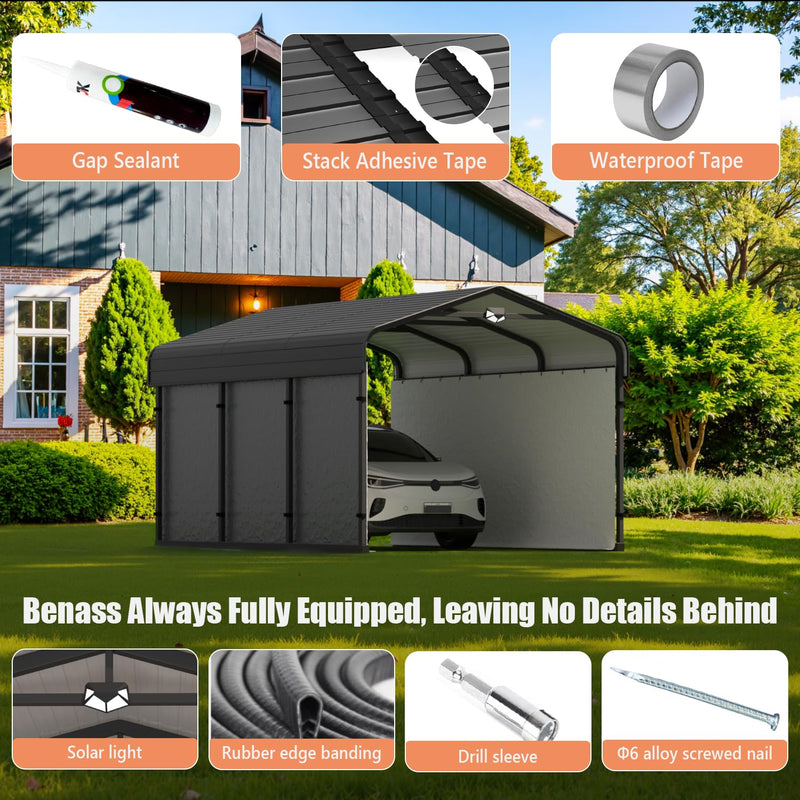 Benass 10x15 Metal Carport, Carport Canopy 10x15 Heavy Duty, Galvanized Steel Roof Car Port with Removable Polyethylene Sidewalls