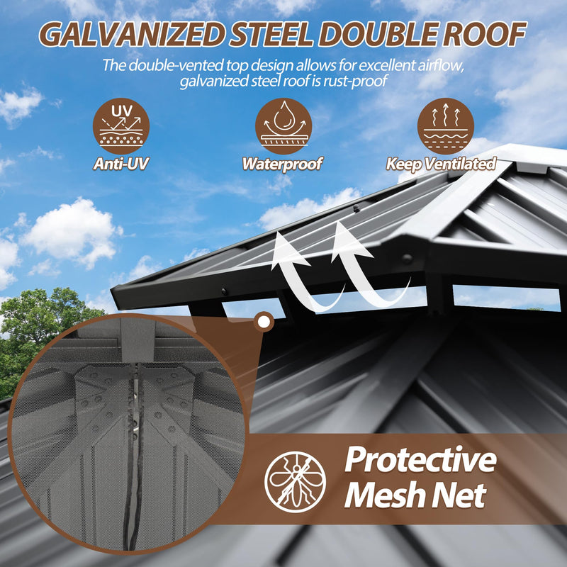 8.5' x 8.5' Hardtop Gazebo, Galvanized Steel Double Roof Gazebo with Nettings and Curtain Outdoor Aluminum Frame Vertical Stripes Roof Gazebos for Patio, Backyard, Lawn