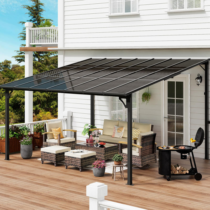 MEISSALIVVE 12' x 14' Gazebo, Wall Mounted Gazebo, Lean to Metal Awnings Gazebos, Gazebo Pergola with Sloped Roof, Outdoor Patio Gazebo Awning for Backyard, Deck, Black