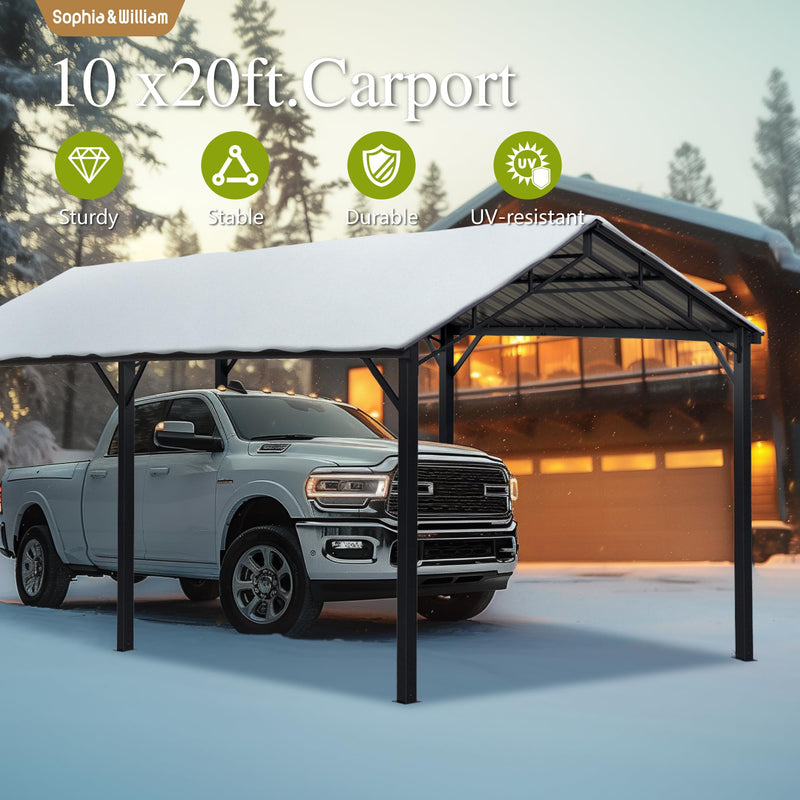 Sophia & William Carport Car Port Metal Canopy 10x20 ft Heavy Duty for Snow, Portable Garage Kit Shed Tent Shelter Metal Frame All Weather Outdoor for Boat with Anti-Leak Seam Taped, Dark Grey