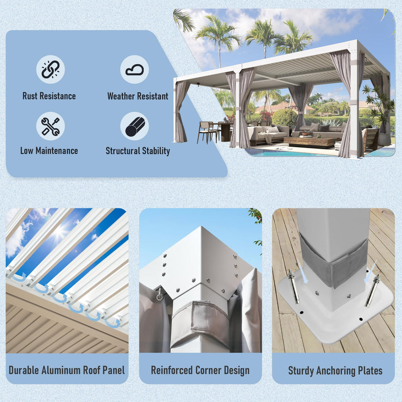 YOLENY Louvered Pergola 10x20, Aluminum Gazebo with Adjustable Waterproof Roof, Curtains and Netting Included, Deck and Backyard, White