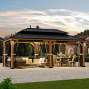 Modern Shade The Horizon Permanent Hardtop Gazebo 12' x 20' w/ 4 LED Lights, Outdoor Gazebo w/Galvanized Steel Double Roof, Patio Pavilion w/Decor Hooks, Mosquito Nettings, Wood-Looking