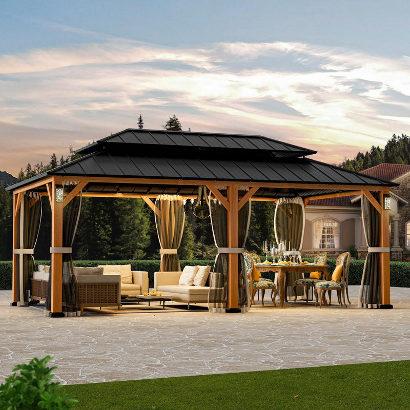 Modern Shade The Horizon Permanent Hardtop Gazebo 12' x 20' w/ 4 LED Lights, Outdoor Gazebo w/Galvanized Steel Double Roof, Patio Pavilion w/Decor Hooks, Mosquito Nettings, Wood-Looking