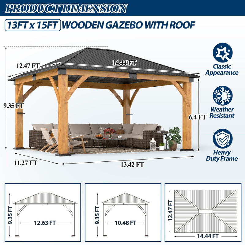 COVERONICS 13FT x 15FT Outdoor Spruce Wood Gazebo - Patio Wooden Frame Gazebo with Galvanized Steel Roof, Heavy-Duty Hardtop Gazebos for Garden, Poolside, Deck, Backyard