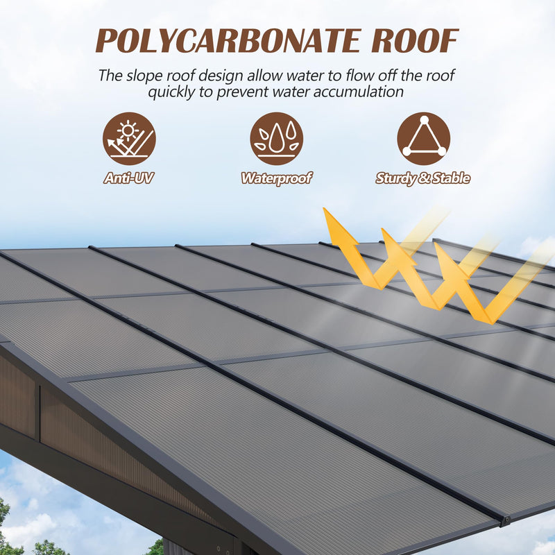 Raysfung 12x14FT Outdoor Wall-Mounted Hardtop Gazebo, Aluminum Frame Lean to Gazebo with Polycarbonate Roof and Curtains for Patio, Garden, Deck