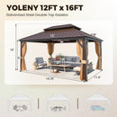 YOLENY 12' x 16' Gazebo Hardtop with Aluminum Frame,Galvanized Steel Double Roof Gazebos with Curtain and Netting,Outdoor Metal Pergolas for Garden, Lawn, Deck, Brown
