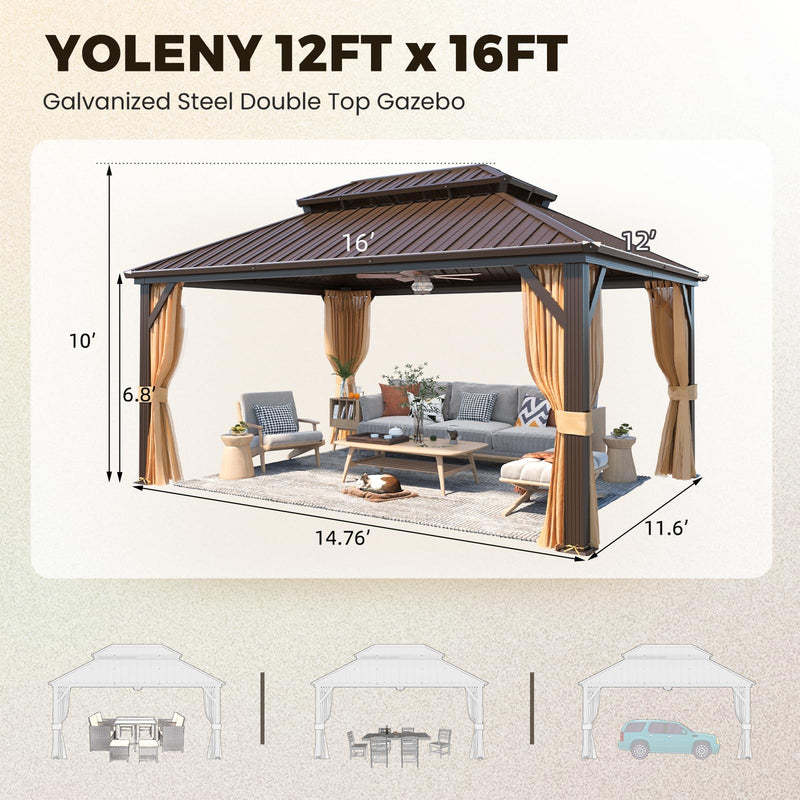 YOLENY 12' x 16' Gazebo Hardtop with Aluminum Frame,Galvanized Steel Double Roof Gazebos with Curtain and Netting,Outdoor Metal Pergolas for Garden, Lawn, Deck, Brown