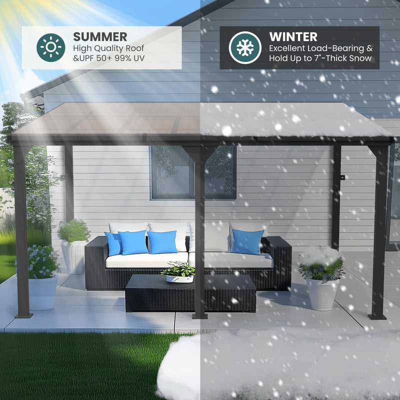 Pamapic 10 * 14FT Wall Mounted Gazebo,4*4 Inch Thickened Pillars & Enlarged Base,Outdoor Hardtop Lean to Pergola,UV Resistant Polycarbonate Roof,Aluminum Frame Pergola,Outdoor Patio Awnings for Lawn