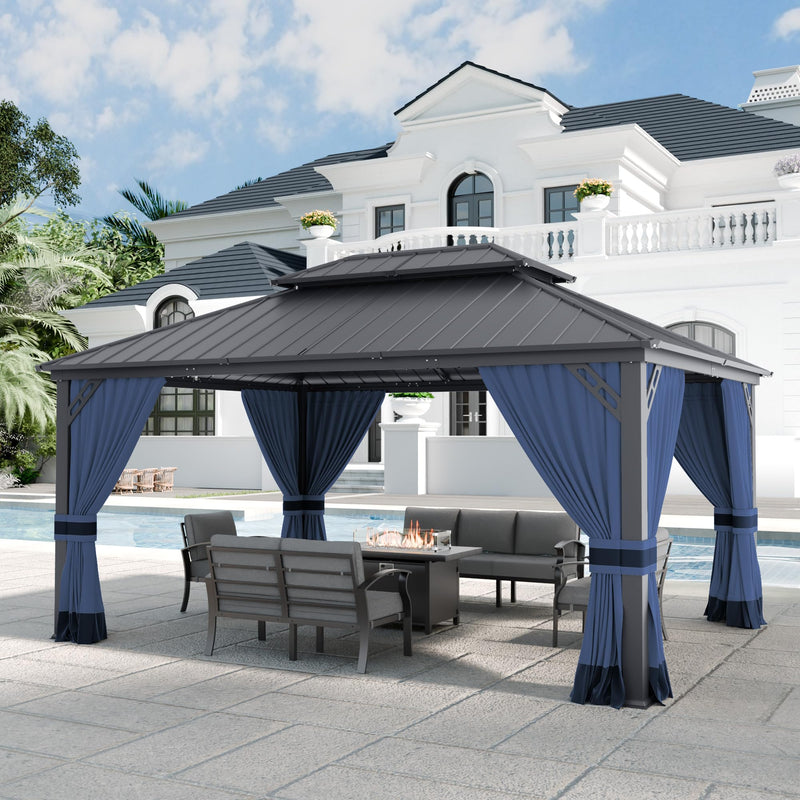 ASJMR 12x16ft Gazebo Metal Roof Hardtop Gazebo, Aluminum Outdoor Pergola with Curtains and Netting, 2-Layer Hard top Galvanized Iron Pergola Suitable for Courtyards, Backyards,Decks,and Grass,Pool